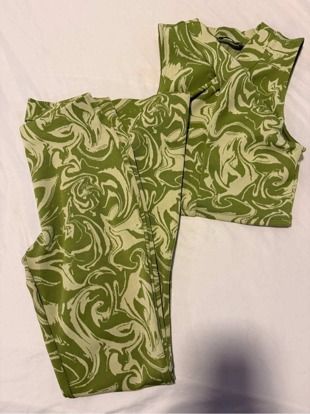 Zara Green Swirl Print Crop Top & Flared Leggings Set